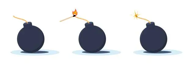 Vector illustration of Bombs with burning wick and match with fire. Round black military element. Explosive dynamite. Explosive device. Ready to explode weapon. Tnt boom, cartoon flat isolated vector concept