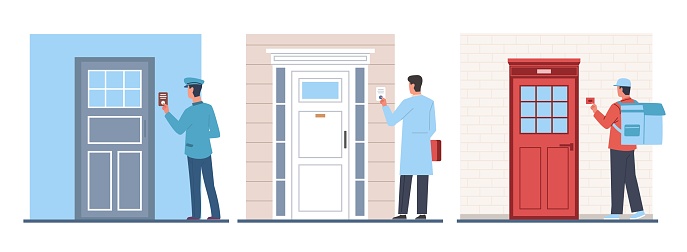 Letter carrier, doctor and delivery man ring doorbell. Men in uniform near door, pushing button. Ding dong. Male characters near house or apartment door. Cartoon flat isolated illustration. Vector set