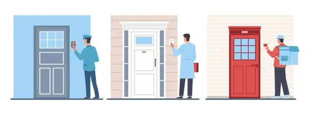 Vector illustration of Letter carrier, doctor and delivery man ring doorbell. Men in uniform near door, pushing button. Ding dong. Male characters near house or apartment door. Cartoon flat isolated vector set