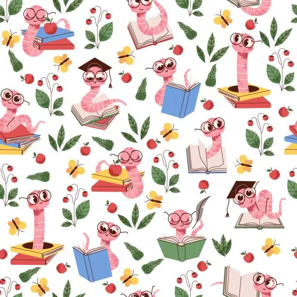 Vector illustration of Seamless pattern with scientist worm wearing glasses with books. Decor textile, wrapping paper, wallpaper design. Print for fabric. Earthworm smart insect, cartoon flat vector concept