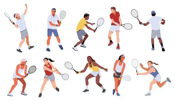 Vector illustration of Lawn tennis people. Professional athletes in uniform, men and women with rackets, dynamic poses, batting and serving ball. Competition and hobby cartoon flat isolated tidy vector set