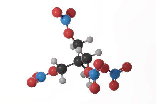 Ball and stick model of pentaerythritol tetranitrate (PETN) molecule with double bonds shown, against a white background