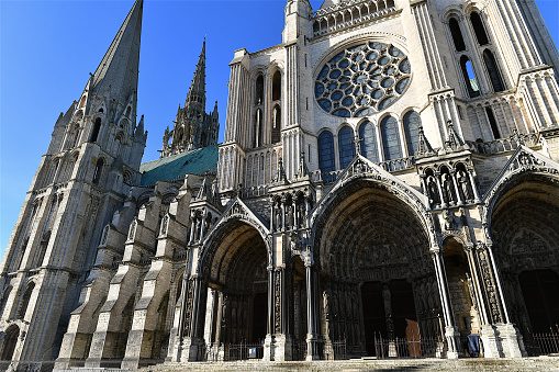 Chartres, France-01 05 2024: Side view of the Chartres cathedral, France.