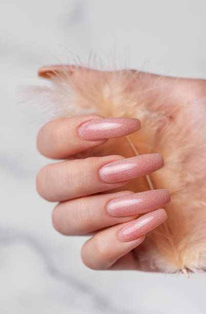 istock Female hands with pink nail design  hold a feather 1914540821