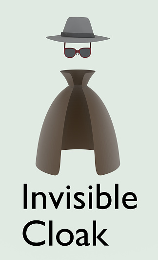 Imaginary picture of a symbolic transparent secret agent, dressed by a coat and wearing glasses and felt hat.