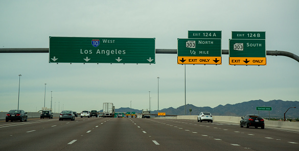 Arizona, USA - December 02, 2019: Los Angeles information board on a road in Arizona