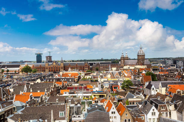 Canal and St. Nicolas Church in Amsterdam in a beautiful summer day, The Netherlands