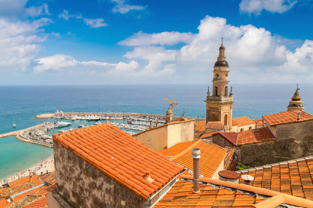 panoramic view of menton, france - aerial view cityscape menton beach photos et images de collection