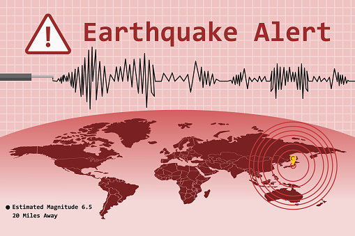 Earthquake alert concept with pulsation epicenter location mark and world map. Vector illustration.