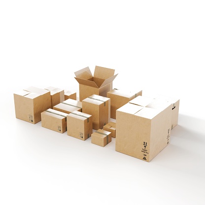 A 3D rendering of cardboard boxes on a white background
