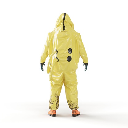 A 3D rendering of a man in a yellow protective suit on a white background
