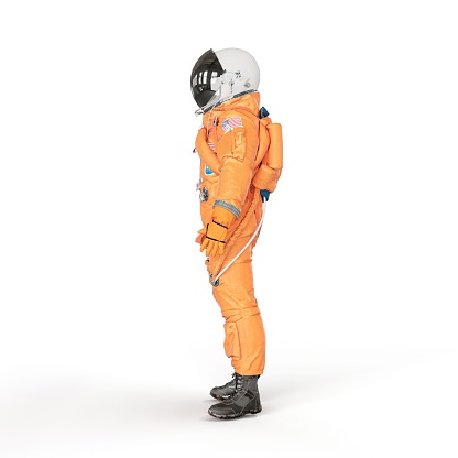 A 3D rendering of an astronaut on a white background