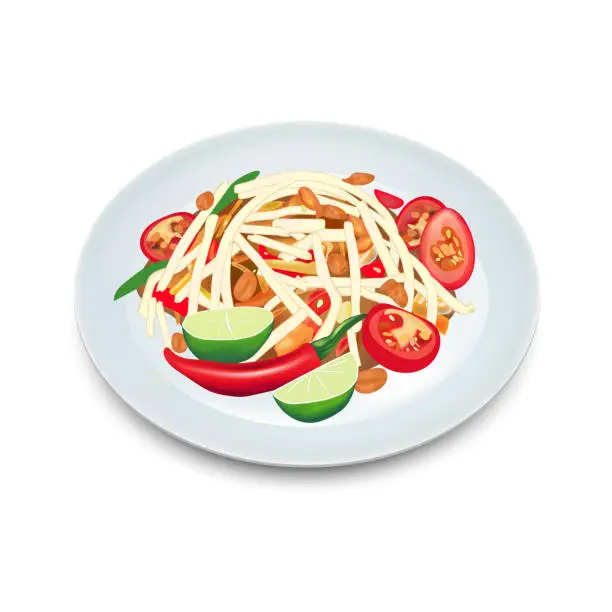 Vector illustration of Som Tum Thai food on white background, Papaya Salad, Somtum hand drawn, Vector illustration EPS 10.