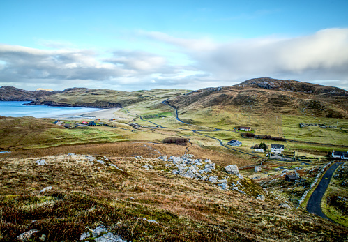 High view long exposure of Cliff village and beach in Uig on the Isle of Lewis outer Hebrides Scotland