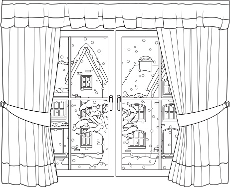 Window with winter landscape outside with snowy street festive snowflake on side. Flat cartoon vector illustration. Black and white. Art therapy Coloring page