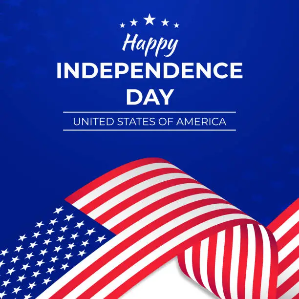 Vector illustration of Happy 4th of July USA Independence Day greeting card with waving american national flag and hand lettering text design.