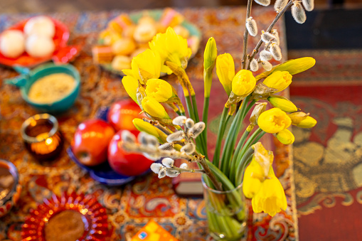 Haft Seen traditional table of Nowruz. Haft-Seen also spelled as Haft Sin is a tabletop (sofreh) arrangement of seven symbolic items traditionally displayed at Nowruz, the Iranian new year.