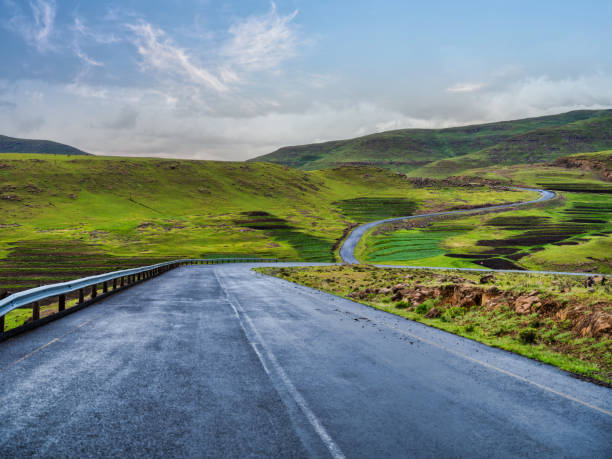 Winding road through beautiful valleys and mountains in Lesotho