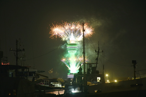 new year fireworks on Samut Prakan city town skyscraper new landmark in Thailand on new year midnight