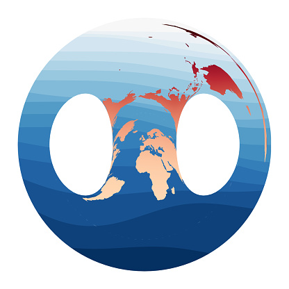 World Map Vector. Hammer retroazimuthal projection. World in red orange gradient on deep blue ocean waves. Appealing vector illustration.