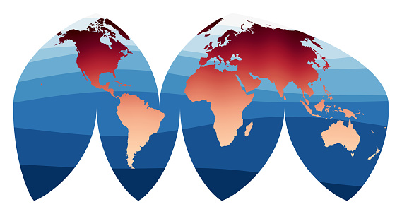 World Map Vector. Bogg's interrupted eumorphic projection. World in red orange gradient on deep blue ocean waves. Beautiful vector illustration.