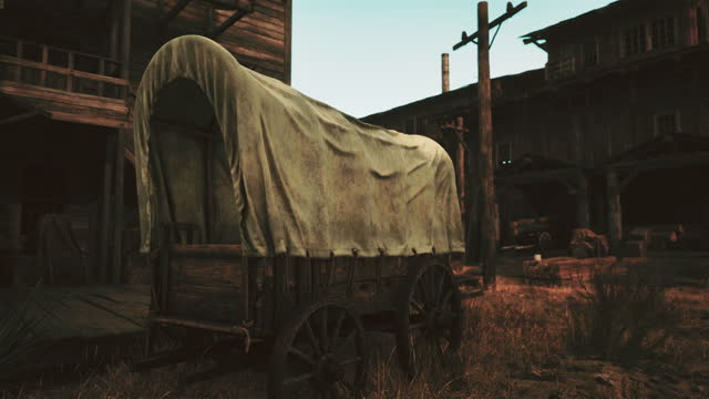 An antique covered wagon in a rustic field setting