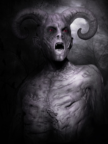 Creepy creature with red eyes and fantasy horns