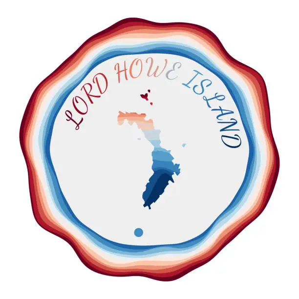 Vector illustration of Lord Howe Island badge. Map of the island with beautiful geometric waves and vibrant red blue frame. Vivid round Lord Howe logo. Vector illustration.