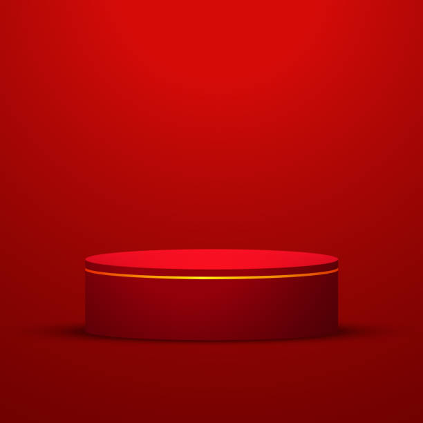 istock Red realistic 3D cylinder pedestal podium with glowing light semi circle backdrop. Red minimal wall scene for products showcase, Promotion display. Vector abstract studio room with geometric platform. 1914675616