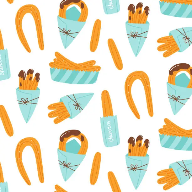 Vector illustration of Seamless pattern with churros. Vector illustration in hand drawn flat style.