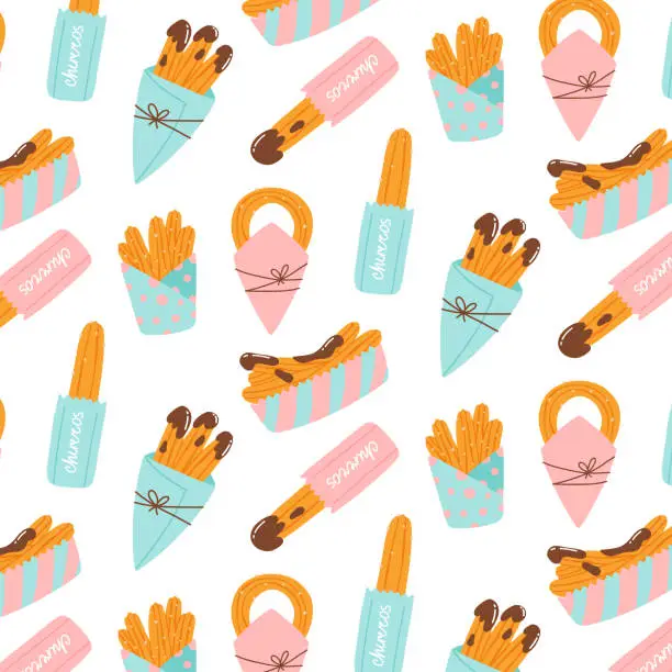 Vector illustration of Seamless pattern with churros. Vector illustration in hand drawn flat style.