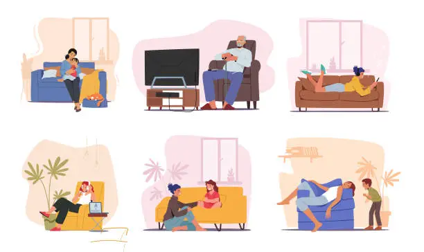 Vector illustration of Set Of Male And Female Characters On Their Couches. People Resting at Home. Old Man Watching Tv, Mother Comforting Child