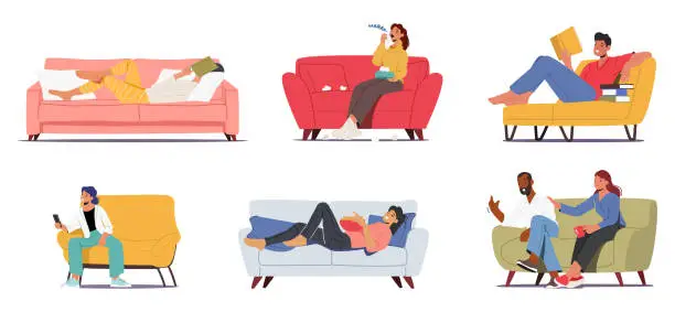 Vector illustration of Set Of Male And Female Characters On Their Couches. People Reading And Sleeping With Books, Woman Sneezing