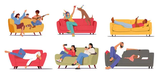 Vector illustration of Set Of Male And Female Characters On Their Couches. People Having Fun, Playing Guitar, Celebrate Party With Pet