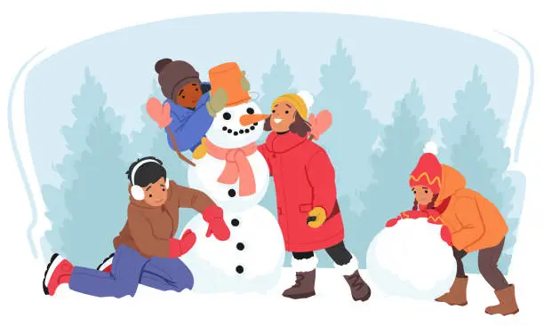 Vector illustration of Kids Winter Spare Time Recreation, Little Children Character Having Outdoors Fun, Make Snowman, Vector Illustration