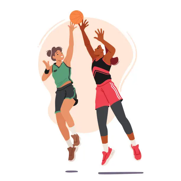 Vector illustration of Two Fierce Basketball Player Girls Engage In A Spirited Struggle For The Ball, Showcasing Determination And Athleticism
