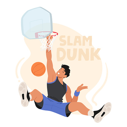 Basketball Player Male Character Executing A Gravity-defying Slam Dunk, Gripping The Hoop With Power And Finesse, Leaving Spectators In Awe Of Athletic Prowess Displayed. Cartoon Vector Illustration