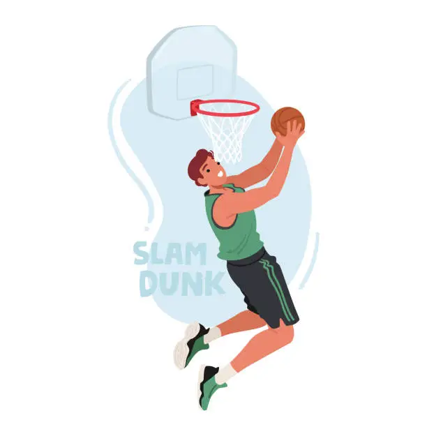 Vector illustration of Basketball Player Soars Mid-air, Clutching The Ball Tightly, Epitomize The Artistry Of A Slam Dunk, Vector Illustration
