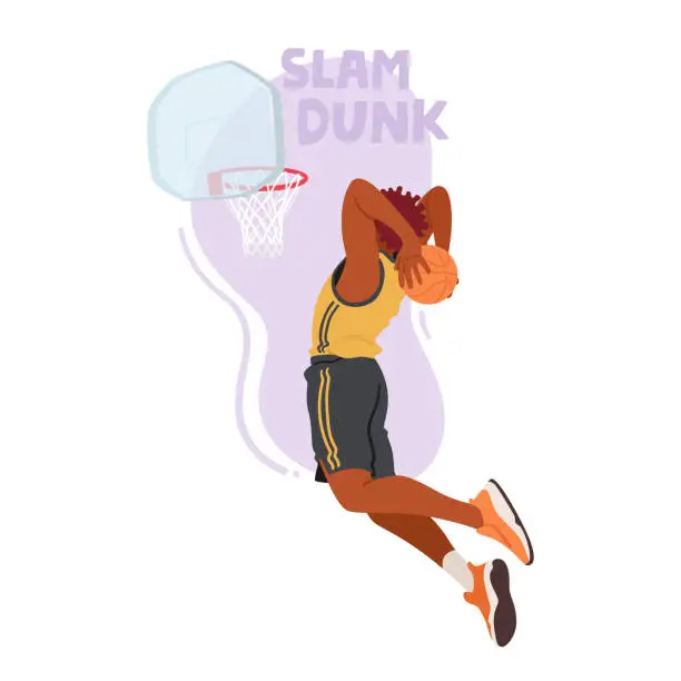 Vector illustration of Basketball Player Male Character Soars Through The Air, Muscles Tense, As He Executes A Powerful Slam Dunk, Vector