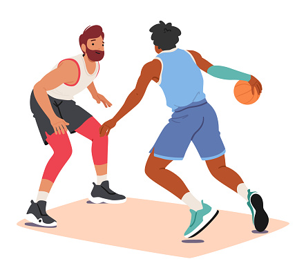 Two Fierce Basketball Players Clash In A Gripping Struggle For The Ball, Their Determination Evident In Every Intense Move, Creating A Thrilling Court Showdown. Cartoon People Vector Illustration