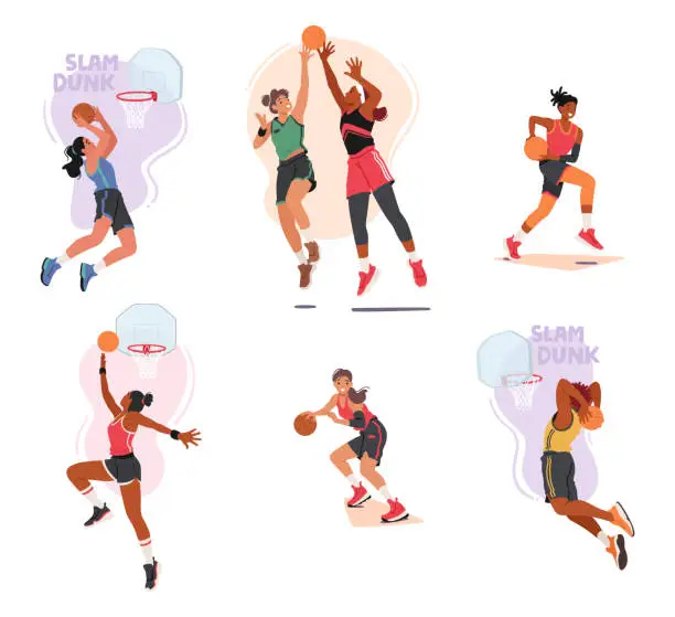 Vector illustration of Basketball Athletes Female Character Dribble With Finesse, Executing Precision Passes And Slam Dunks On The Court