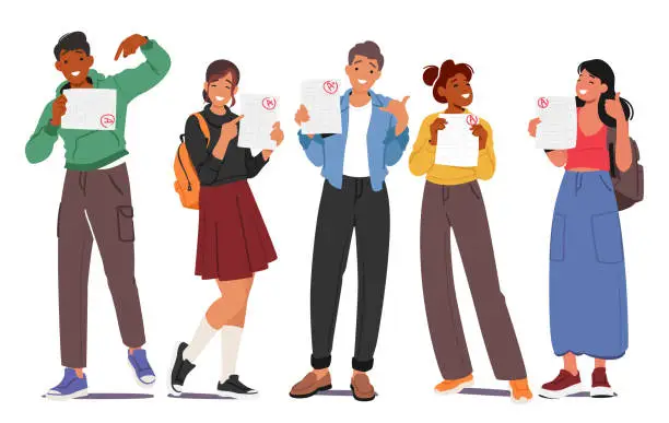 Vector illustration of Excited Students Characters Proudly Display Their A Test Results, Faces Beaming With Accomplishment And Achievement