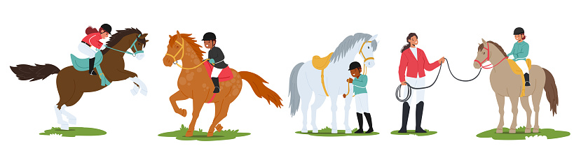 Children Joyfully Trot On Gentle Horses, Their Laughter Echoing Through The Open Air. Guided By Skilled Instructors, Each Ride Fosters A Magical Connection Between Child And Horse. Vector Illustration