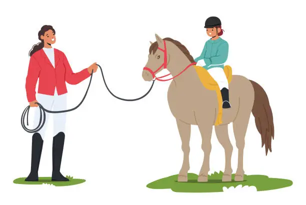 Vector illustration of Instructor Patiently Guides The Child In Mastering Horseback Riding, Fostering Confidence And Balance For Young Rider