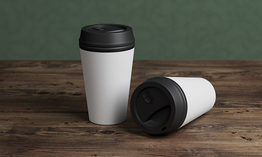 Coffee Cup or Tumbler Mock up on Wood Table. 3D Rendering