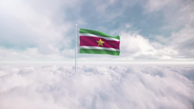 Suriname flag rises above the clouds. The concept of liberty and patriotism, national flag waving proudly above the clouds, symbolizing freedom, independence day, celebration, freedom, patriotic, power and  freedom,