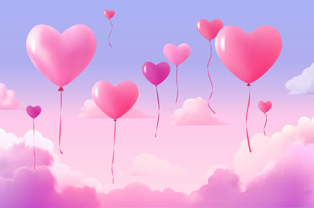 pink air balloons in heart shape flying in sky happy valentine day greeting card shopping poster or voucher holiday celebration vector art illustration