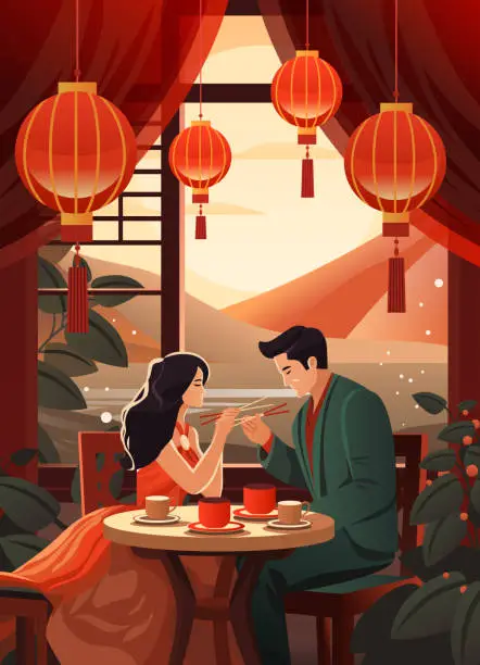 Vector illustration of asian man woman lovers sitting at table in chinese restaurant happy valentines day celebration concept vertical