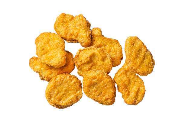 istock Fried crispy chicken nuggets  Isolated on white background, top view. 1914808111