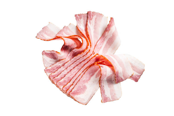 istock Raw bacon strips of pork meat.  Isolated on white background, top view. 1914808119